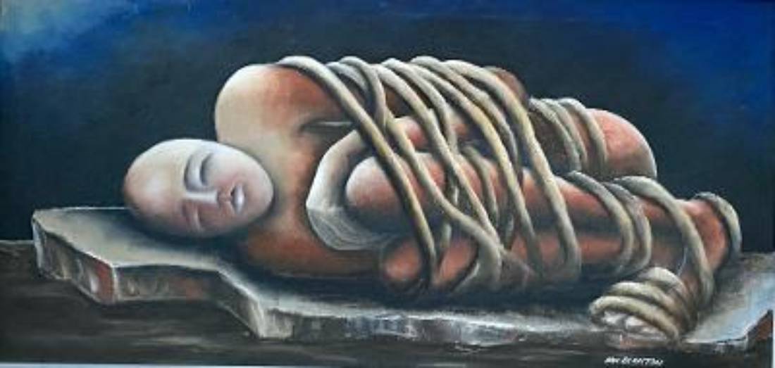 Tied Down, oil stick painting 24″X46″