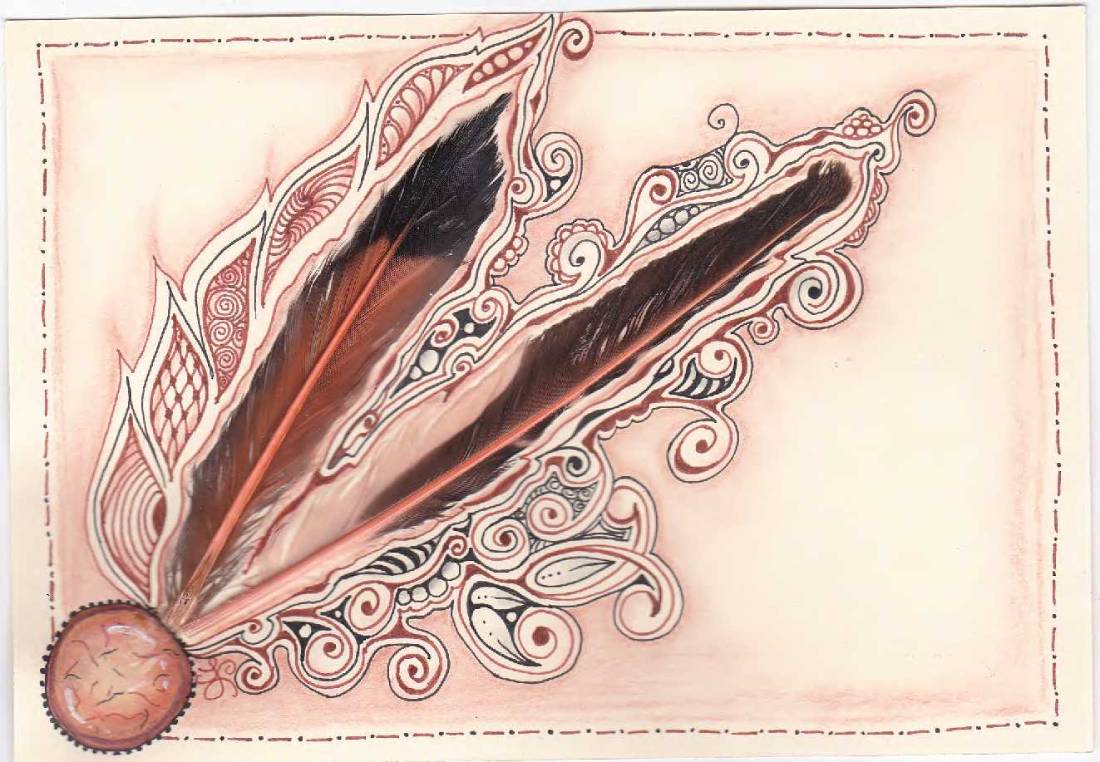 Double Flicker Feather Cartouche, 2020, card stock, flicker feathers, micron pen, chalk, colored pencil, 4.5″x6.5″