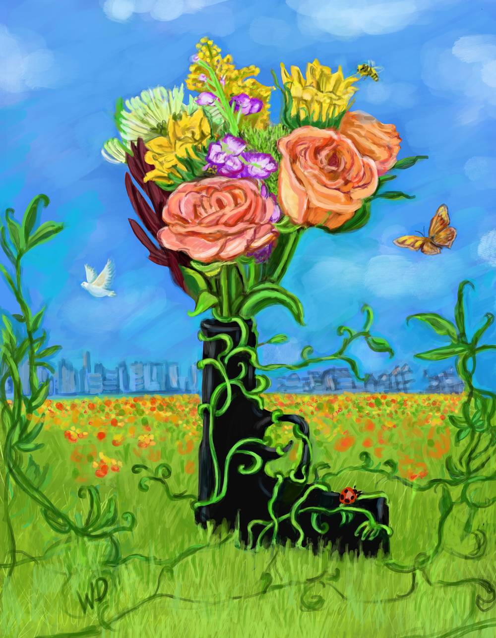 Gun-Flowers Dream, 2021, Painted on iPad using Procreate and Acrylic paint tool settings, 18″x24″